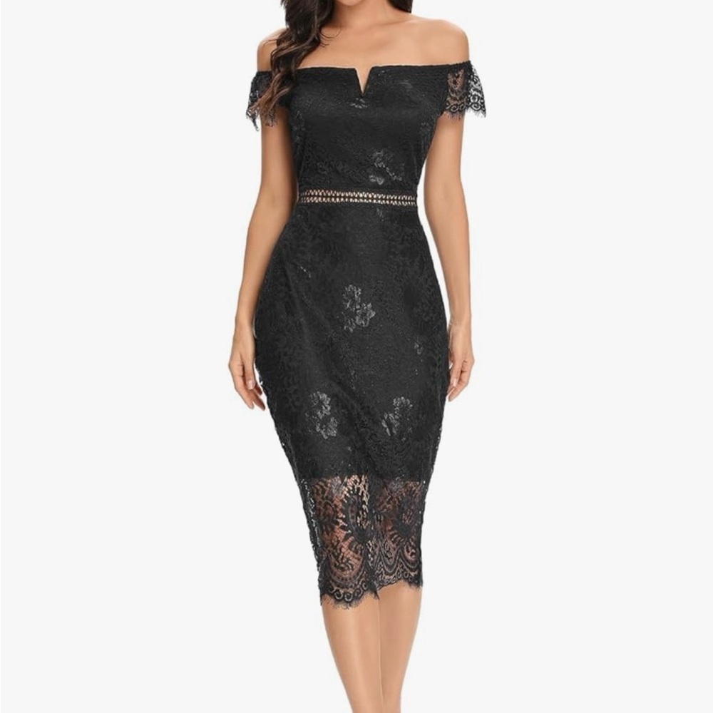 Chic Off-Shoulder‎ Black Lace Midi Dress